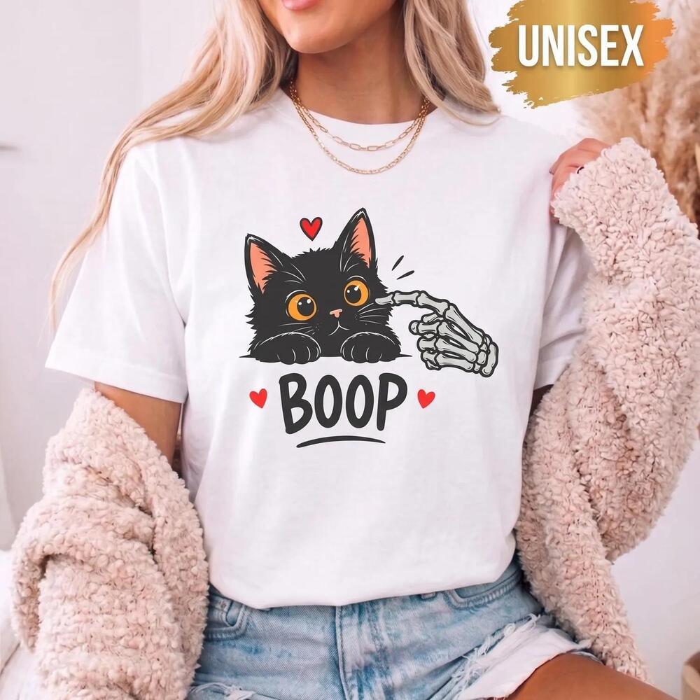 Funny Boop Cat Skeleton Hand Halloween Shirt, Cute Black Cat Boo Boop
